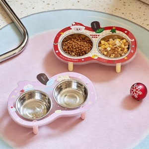 Double gamelle pour animaux de compagnie en acier inoxydable, design Pommes de Noël, pour chat et chien, pour eau et nourriture, avec support cervical et pieds surélevés - Product Image 1