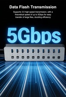 Hub USB 3.0 10 en 1 con Adaptador de Corriente de 12V 4A, Interruptor Individual, 4 Puertos de Carga Rápida de 5Gbps, Plug & Play para Laptop, Computadora de Escritorio y Mac