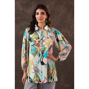 Achetez une tunique pour femme moderne à imprimé floral inspiré de la nature, manches longues bouffantes, coupe ample, vêtements décontractés de créateur - Product Image 1