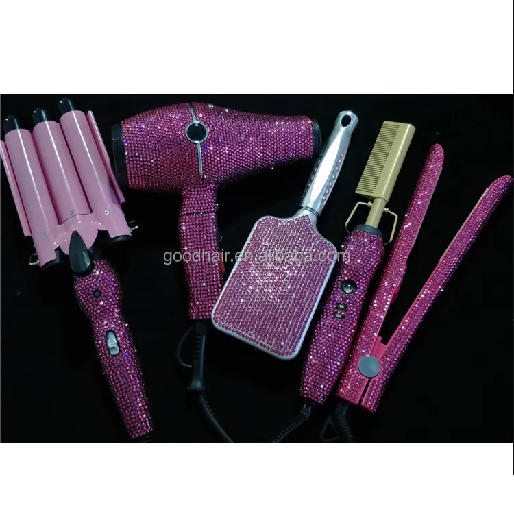 Crystal Hair Tools Bling Hot Pink Crystal Hair straightener Diamond Curling wands Kit Crystal Hair Brush for Boutique salon tool