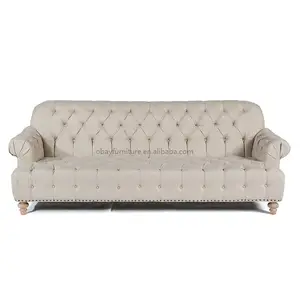 Sofá do estilo do acento sofá novo do linho bege do projeto com diamante profundo adornado Armsand rolados para trás a mobília home