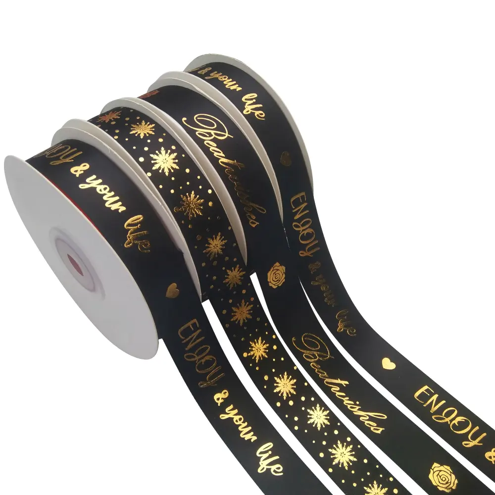 100% Polyester Màu Tùy Chỉnh Vàng Foil Logo In Với Đen Satin Ribbon Để Đóng Gói Và Quà Tặng 196 Màu Sắc Có Sẵn Ribbon