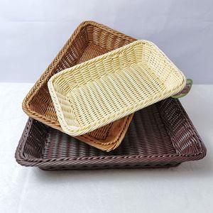 Rectangular Imitation Rattan <b>Basket</b> Brown Off White Coffee Color Plastic Storage Tray For Fruit Snack Candy Baking <b>Bread</b> - Product Image 1