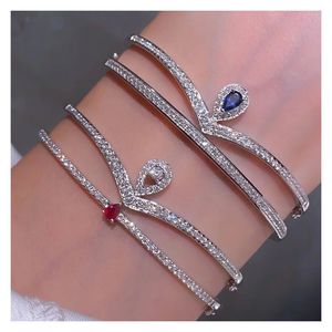 Xinfly Hot Sale Stacked Fine Jewelry 18K Pure White Gold Row Diamond VS <b>Ruby</b> Sapphire V Shape Water Drop Pendant Bangles - Product Image 1