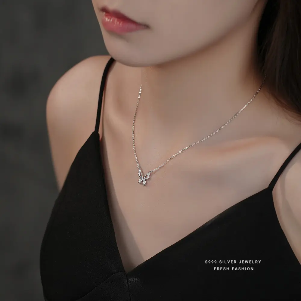 Mùa Hè 2024 Bán Buôn Hàn Quốc Phong Cách 925 Bạc Đồ Trang Sức Mỹ Shiny Zircon Bướm Mặt Dây Chuyền Vòng Cổ Cho Cô Gái