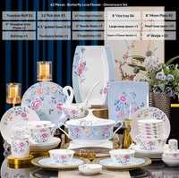 Service de vaisselle carré en porcelaine fine de Jingdezhen, motif floral bleu et blanc, bord doré, compatible lave-vaisselle/micro-ondes/four, pour la salle à manger à domicile
