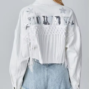 Nueva llegada Rosa Blanco recortado borla Denim mujer Howdy Chaqueta corta Jean blanco rasgado chaqueta con flecos - Product Image 4
