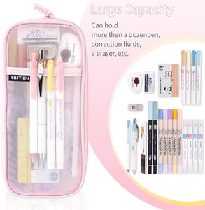 Estuche para lápices con rejilla de malla, cierre de cremallera, tamaño mediano, transparente, multiusos, para viajes, escuela, oficina (rosa) - Product Image 3