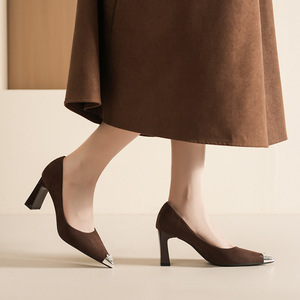 Escarpins en daim marron à bout pointu, talon bloc, talon haut, chaussures de bureau avec décoration en strass, mode féminine - Product Image 2