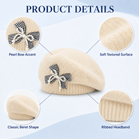 Béret en tricot beige pour femme, chaud et doux, ton avoine, avec nœud en carreaux vichy et perle, élégant, neutre, chic, vente en gros