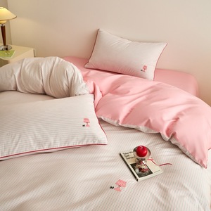 Sovansa Minimalist <b>Striped</b> Cotton <b>Bedding</b> <b>Set</b> 4-Piece Pure Cotton Duvet Cover Sheet Pillowcases Embroidered Reactive Dyeing - Product Image 3