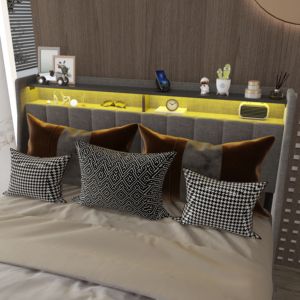 Full Size <b>Bed</b> Frame with <b>LED</b>, 4 Under-<b>bed</b> Portable Storage Drawers, Wings Headboard Design, Light Grey - Product Image 6