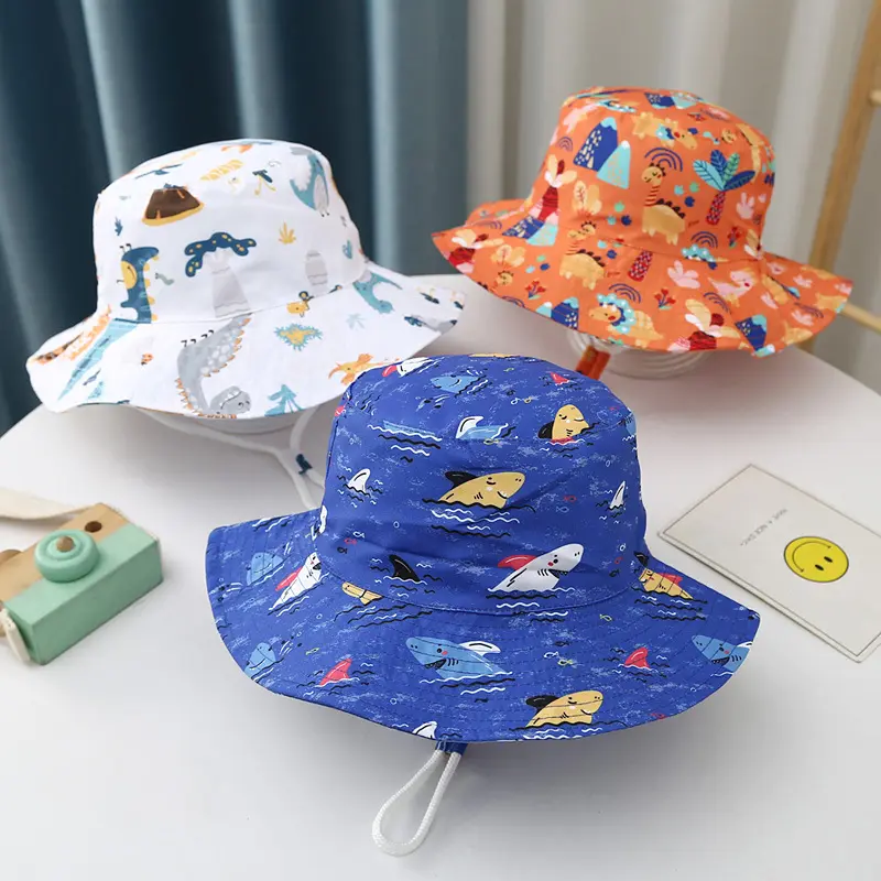 वसंत और ग्रीष्मकालीन विस्तृत कार्टून जानवरों मुद्रित बच्चे बच्चे कस्टम बाल्टी टोपी के साथ कस्टम बाल्टी टोपी