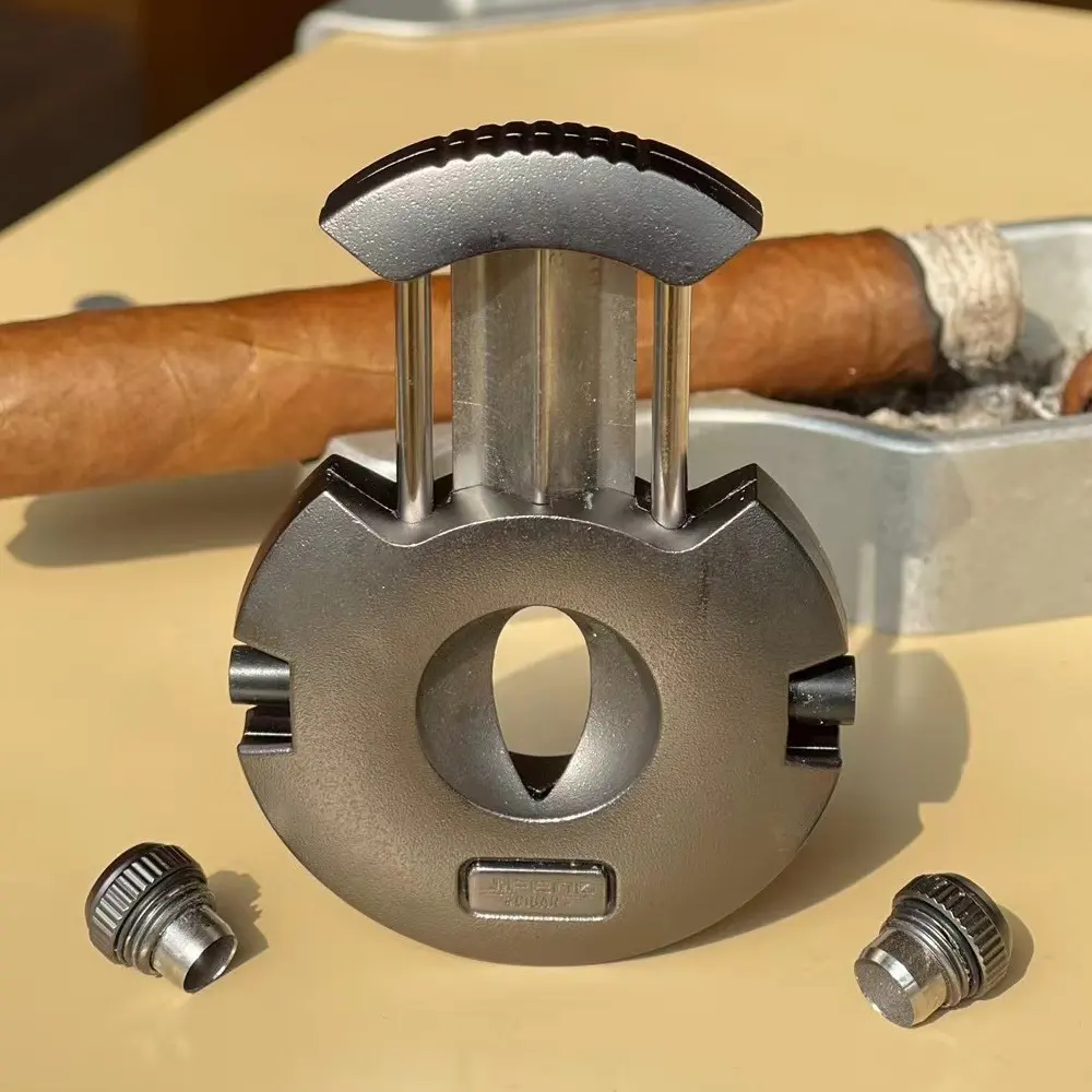 JIFENG JF-JV006 2022คอลเลกชันใหม่ที่กำหนดเองโลโก้อุปกรณ์ซิการ์เครื่องตัดซิการ์ที่มีทั้งเจาะโลหะรอบซิการ์ V ตัด