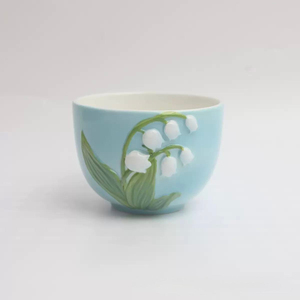 Hand-crafted Modern Sustainable <b>Reusable</b> Portable Embossed Bell Orchid Pattern Light Blue Glaze Ceramic Coffee <b>Cup</b> Saucer Set - Product Image 5