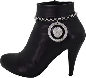 Pulsera de cadena para botas de mujer, estilo occidental, de metal plateado, con dije de medallón de león grande, SET BC - Product Image 1