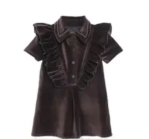 Custom A-line Princess Ruffle Short Sleeves Brown Silk Velvet Dress Shirt for Girls