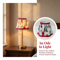 Lampe de table LED sans fil rechargeable à commande tactile, abat-jour en tissu plissé à motif floral cerise vintage français, avec pied en laiton