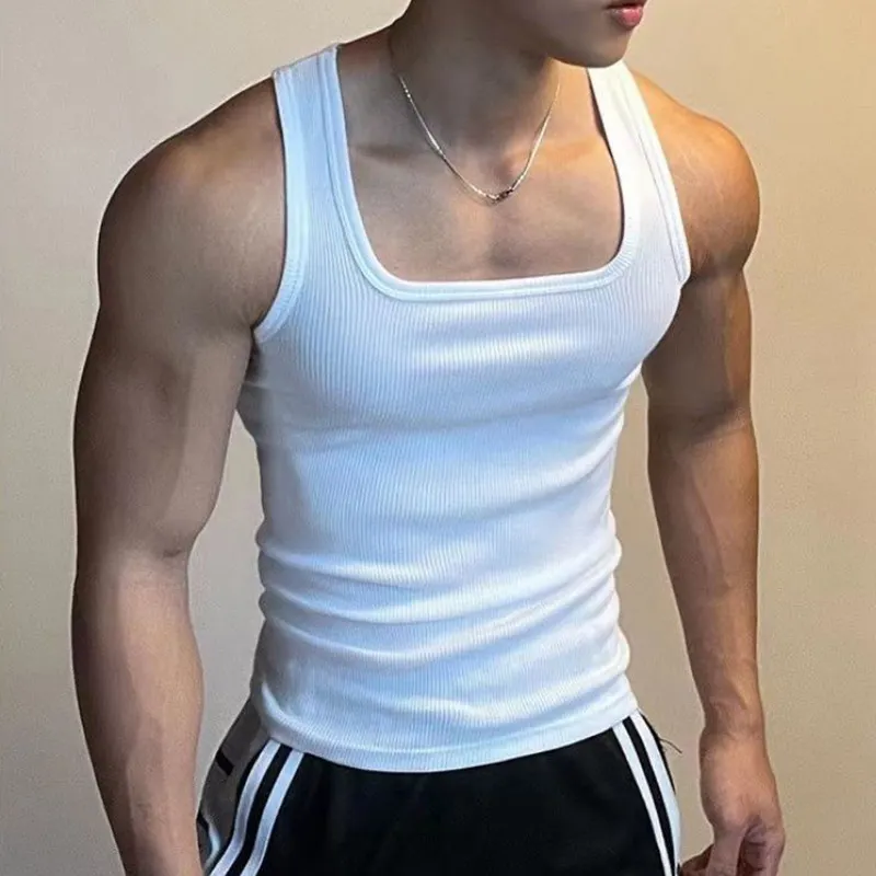 quality blank OEM customize logo top ribbed tank top men workout tank Square Collar fitness gym tank top for men