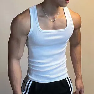 Calidad en blanco OEM personalizar logo Top acanalado camiseta sin mangas hombres entrenamiento tanque cuello cuadrado fitness gimnasio camiseta sin mangas para hombres