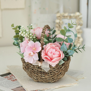 Peony Eucalyptus Bow Hand-woven Plastic <b>Flowers</b> Small Bonsai Set <b>Flower</b> <b>Basket</b> Home Decoration Graduation Crafts - Product Image 3