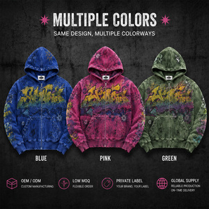 <strong>Mens</strong> Heavyweight Cotton Zip up Hoodie Vintage Distressed Graffiti Print Rhinestone Studs Streetwear Custom Logo Wholesale - Product Image 5