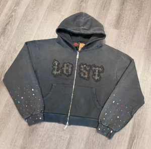 Felpa con Cappuccio Unisex Vintage Effetto Acido e Distressed, Ricamo Personalizzato con Patch, Streetwear, Felpe con Strass da Uomo, Personalizzabile con Numero e Scritta - Product Image 2