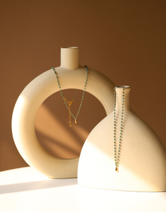 Collar con colgante de moda hecho a mano, estilo bohemio, con cuentas, de acero inoxidable, con gota de agua de aguamarina y lazo, chapado en oro de 18K con engaste de garra - Product Image 3