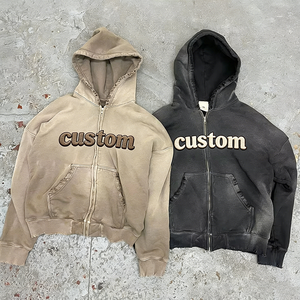 Sweat à capuche zippé intégral oversize en molleton bouclette épais, délavé à l'acide, effet usé, style streetwear pour homme, personnalisable avec logo - Product Image 1