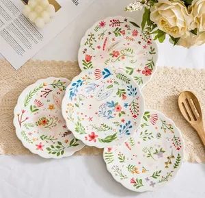 Assiettes à vaisselle en céramique à motif de lapin imprimé, assiette à dessert de petit déjeuner de style pastoral, cadeau de pâques et de noël