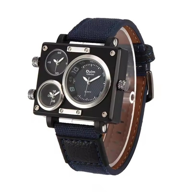 OULM 3595 Unique Fashion Mens Watches Sports Design Reloj for Men 3 Time Zones Rectangle Nylon Strap Quartz Man Wrist Watches
