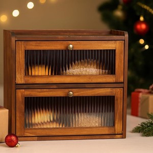 Boîte à pain double couche en bambou, rangement de comptoir de cuisine pour aliments, organisateur de bureau multi-usages anti-poussière - Product Image 3