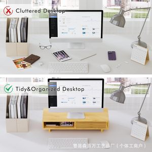 Wooden Computer Riser <b>Stand</b> With Storage Organizer For Laptops <b>Desktop</b> Use Natural Wood Color 2 Tier Design - Product Image 2
