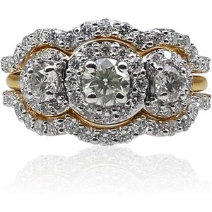 14k Yellow Gold Round Brilliant Diamond Three Stone Halo Engagement <b>Ring</b> Women's Bridal Jewelry Set - Product Image 1