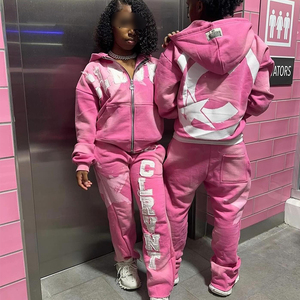 Tùy chỉnh Zip Up sweatsuit axit rửa Applique vá thêu đau khổ hoodie chạy bộ Tracksuit bùng Sweatpants và hoodie Set - Product Image 2