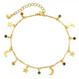 Tornozeleira com pingente de estrela e sol de zircônia colorida para mulheres, joia banhada a ouro 18K estilo praia boêmio NUORO