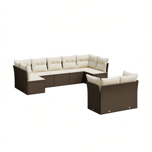 Conjunto de sofá de jardín de ratán blanco crema y marrón con cojines, 6 plazas, muebles de exterior, diseño contemporáneo - Product Image 1