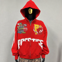 Sweat à capuche zippé personnalisé, brodé avec appliqué lettre effiloché et déchiré, imprimé graphique, style streetwear, haute qualité, délavé, avec œillets aux épaules