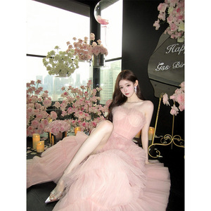 Strapless Pink Ball Gown Dress Empire Waist Organza Tutu Train Birthday Party Evening Dress - Product Image 2