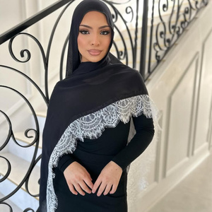 OEM ODM Hijab classique en mousseline de prière, plusieurs couleurs, uni, bordure en dentelle, châle long à une face, foulards et châles traditionnels - Product Image 3