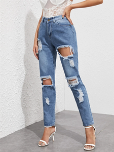 Jeans Mom Taille Haute Coupe Slim Effilochés Longs pour Femme 100% Coton Denim Vente en Gros - Product Image 2