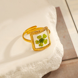 Stainless Steel <b>Ring</b> Gold Plated <b>Titanium</b> Steel Square Geometric Shape Green Dried Flower Inlay Unisex Jewelry Gift - Product Image 1