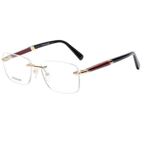Оптовая Продажа 18k позолоченные титановые стальные очки без оправы титановые очки с толстыми деревянными дужками унисекс оправы для очков