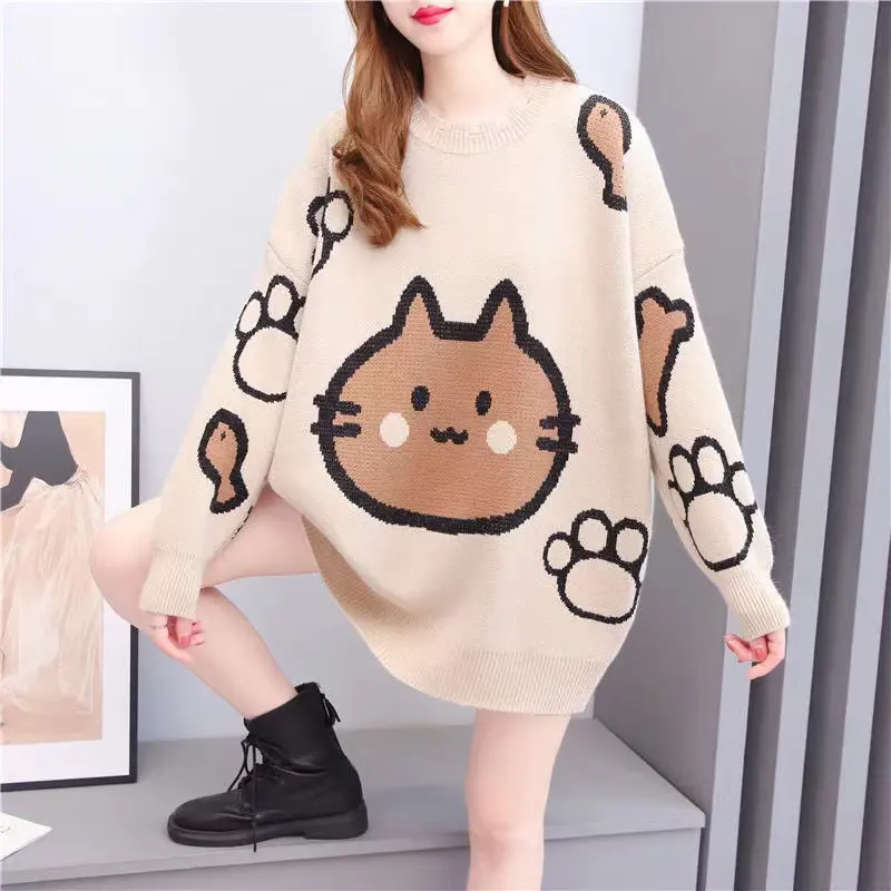 Large size women's sweater autumn and winter new loose thickening oversized cartoon pullover sweater dress