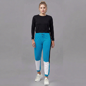 Pantalones Deportivos de Mujer, Color Azul con Bloques de Color, Cintura Alta, Cierre Elástico con Cordón, Largura Hasta el Tobillo, con Franja Lateral, Corte Regular - Product Image 1