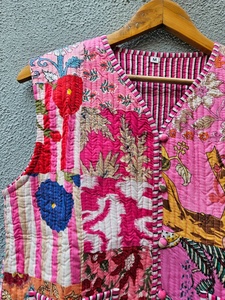 <b>Women</b>’s Handblock Printed Pink Floral Quilted Cotton <b>Jacket</b> <b>Lightweight</b> Quilted Ethnic with Button Front for <b>Women</b> Stylish - Product Image 2