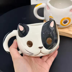 Chinese Factory Hand Drawn Cartoon <b>Cat</b> Shaped Eco-Friendly Reusable Ceramic Mugs for Back to School - Product Image 2