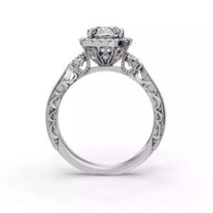 Anillo de compromiso de oro blanco de 14K con diamante cultivado en laboratorio de corte cojín, detalles intrincados de filigrana, piedra lateral y elegante halo, joyería IGI - Product Image 3