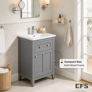 Meuble-lavabo EFS 24 gris Shaker à évier unique, construction en bois massif, portes à fermeture douce, sur pieds, style rustique farmhouse, deux compartiments - Product Image 3