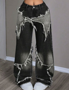 Jean large taille haute personnalisé à franges étoilées, style streetwear, en denim délavé vintage pour <span class=keywords><strong>femme</strong></span> - Product Image 5